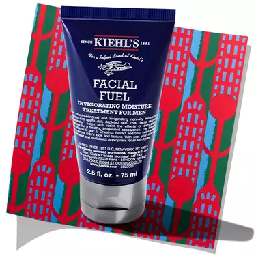 Tube of Kiehl's Facial Fuel Energizing Moisture Treatment for Men set against a patterned holiday background.​