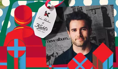 A promotional graphic featuring Jordan Robertson beside a Kiehl's collaboration tag, set against a colorful, patterned background.